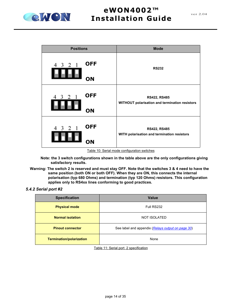 2 serial port #2, Ewon4002™ installation guide, Off on off on off on | Siemens eWON4002 User Manual | Page 17 / 38