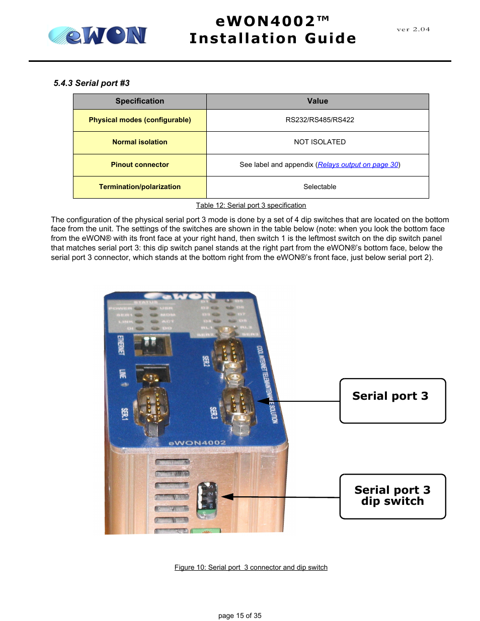 3 serial port #3, Ewon4002™ installation guide, Serial port 3 | Serial port 3 dip switch | Siemens eWON4002 User Manual | Page 18 / 38