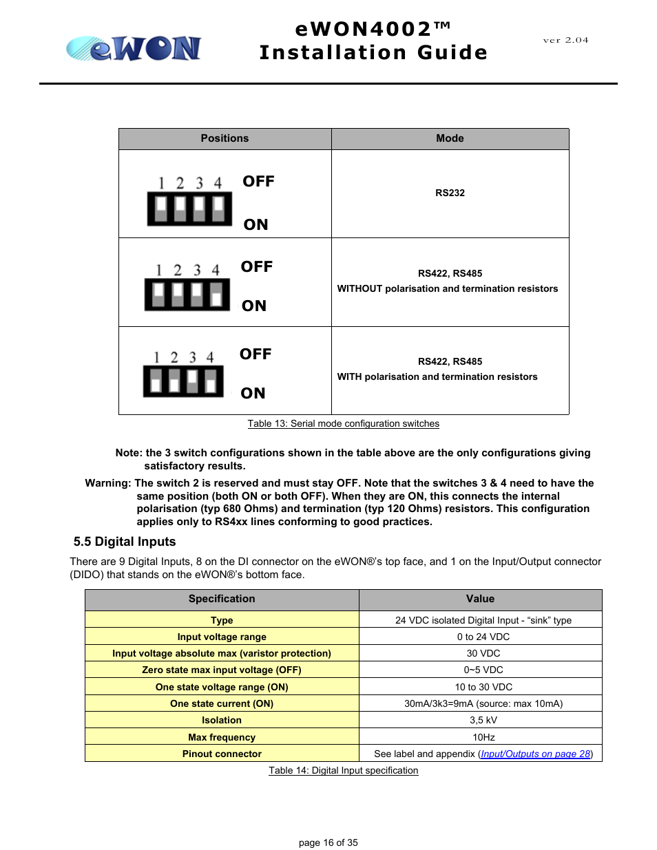 5 digital inputs, Ewon4002™ installation guide, Off on off on off on | Siemens eWON4002 User Manual | Page 19 / 38