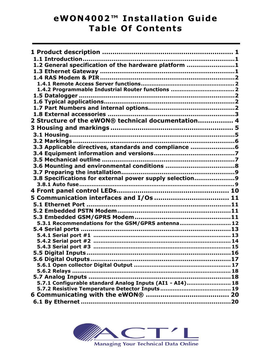 Ewon4002™ installation guide table of contents | Siemens eWON4002 User Manual | Page 2 / 38