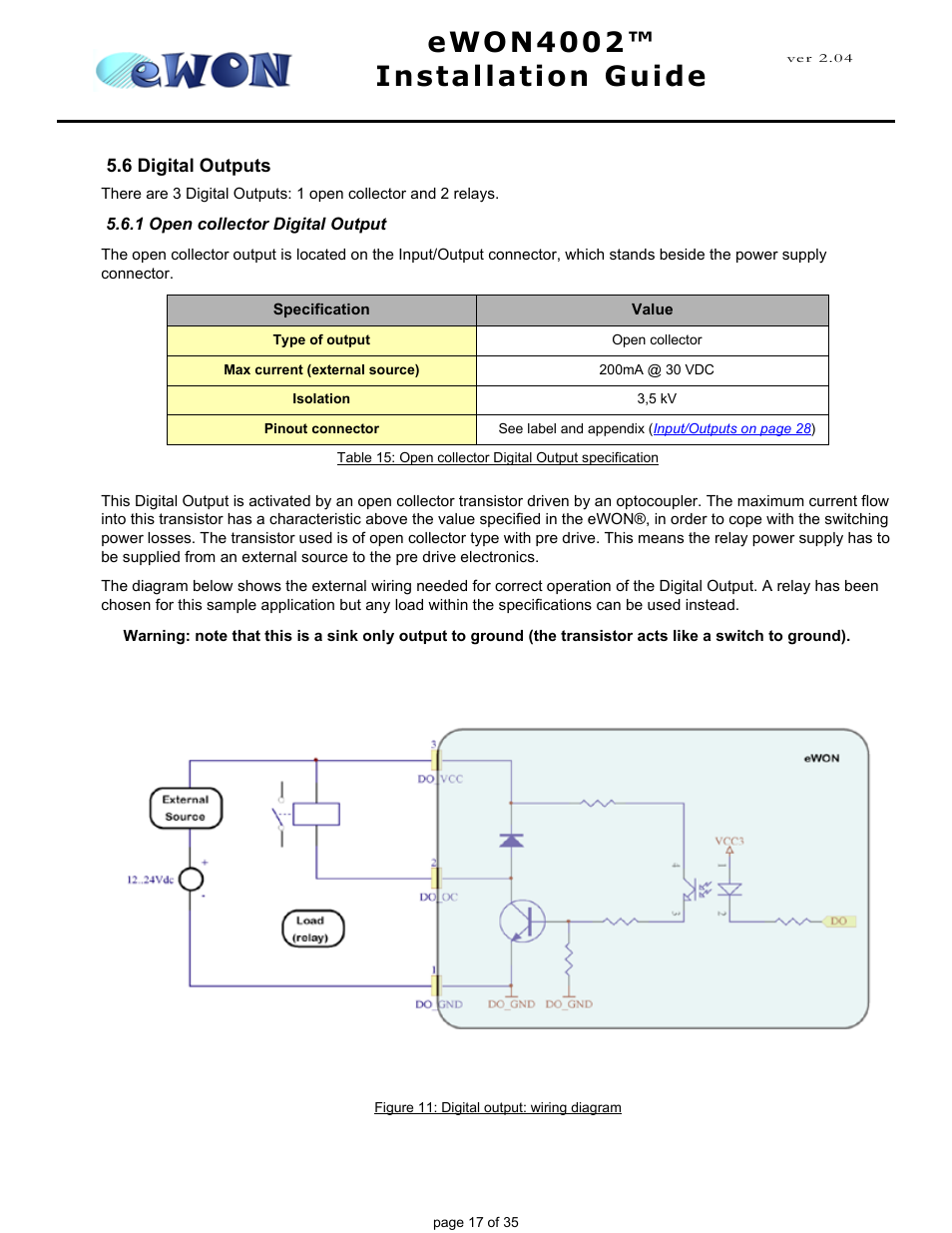 6 digital outputs, 1 open collector digital output, Ewon4002™ installation guide | Siemens eWON4002 User Manual | Page 20 / 38