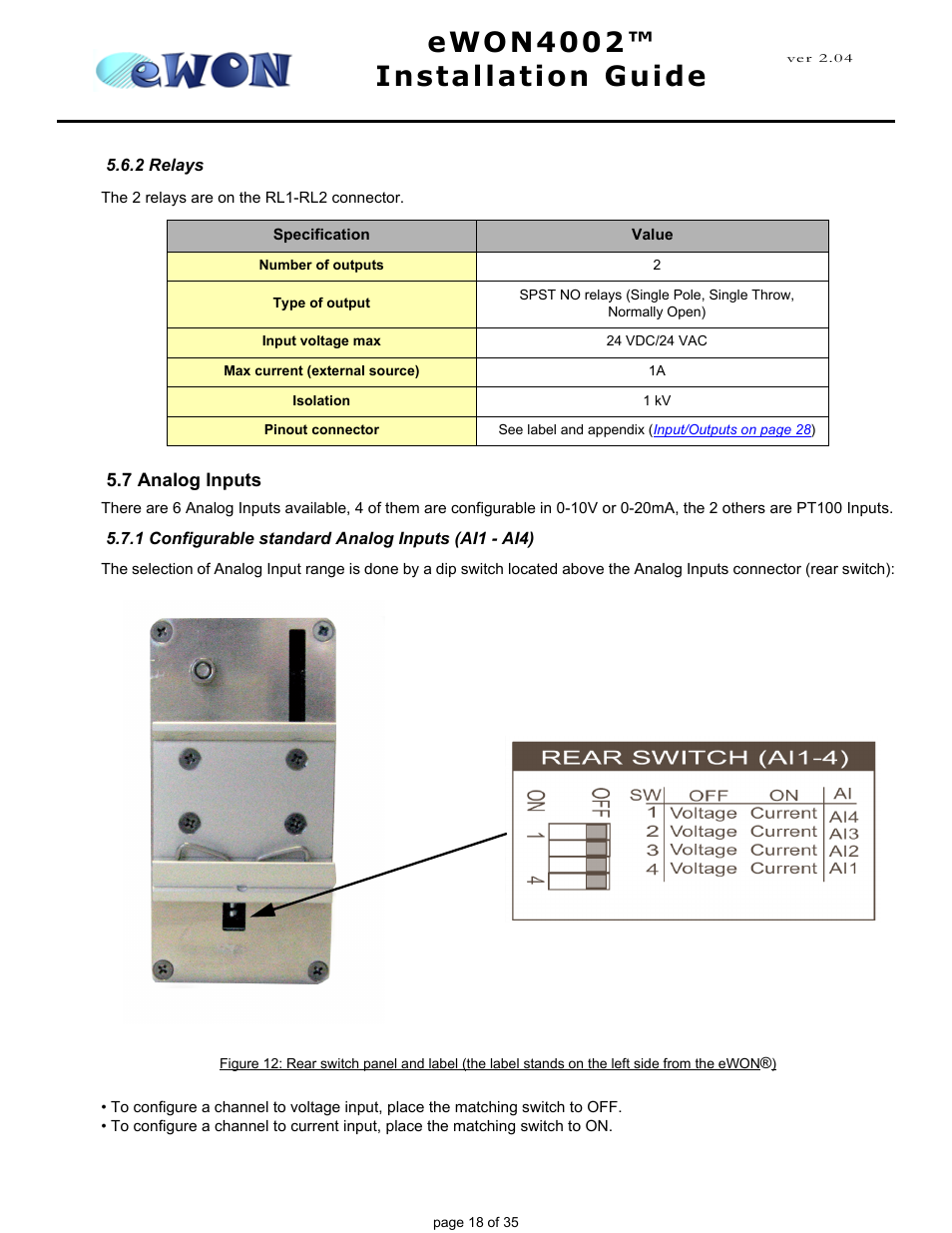 2 relays, 7 analog inputs, 1 configurable standard analog inputs (ai1 - ai4) | Ewon4002™ installation guide | Siemens eWON4002 User Manual | Page 21 / 38