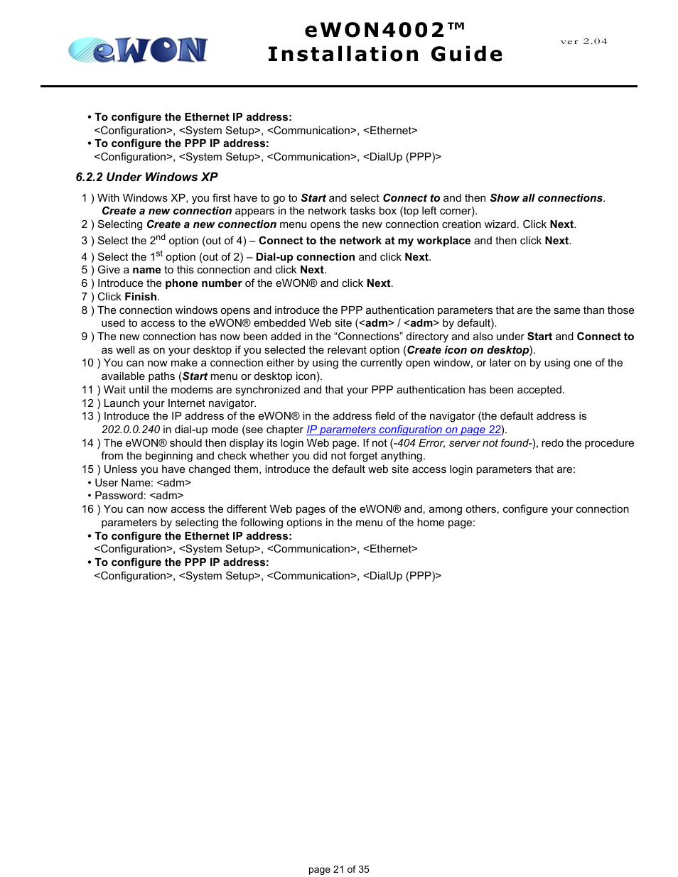 2 under windows xp, Ewon4002™ installation guide | Siemens eWON4002 User Manual | Page 24 / 38