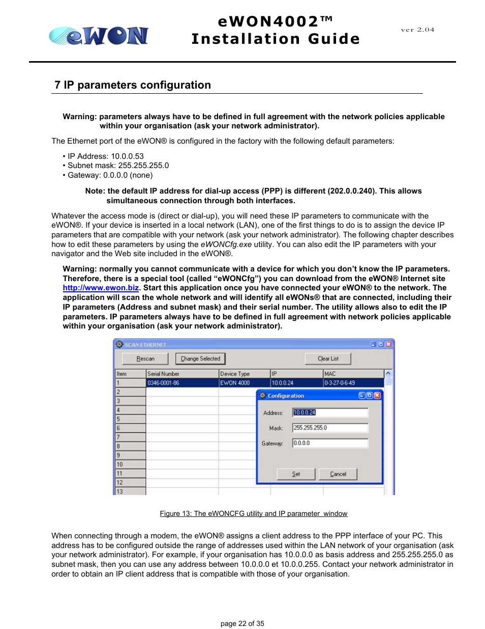 7 ip parameters configuration, Ewon4002™ installation guide | Siemens eWON4002 User Manual | Page 25 / 38