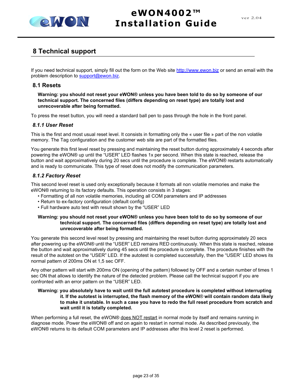 8 technical support, 1 resets, 1 user reset | 2 factory reset, Ewon4002™ installation guide | Siemens eWON4002 User Manual | Page 26 / 38