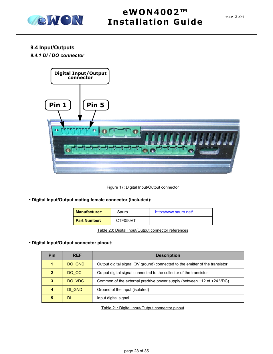 4 input/outputs, 1 di / do connector, Ewon4002™ installation guide | Pin 1, Pin 5 | Siemens eWON4002 User Manual | Page 31 / 38