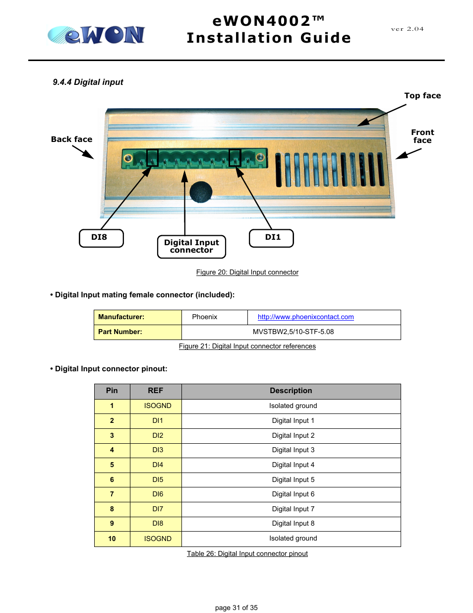 4 digital input, Ewon4002™ installation guide | Siemens eWON4002 User Manual | Page 34 / 38