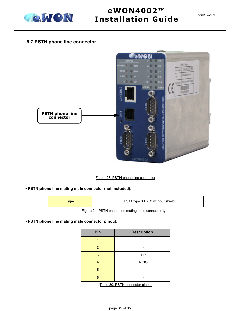 7 pstn phone line connector, Ewon4002™ installation guide | Siemens eWON4002 User Manual | Page 38 / 38