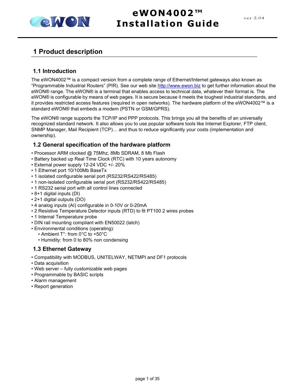 1 product description, 1 introduction, 2 general specification of the hardware platform | 3 ethernet gateway, Ewon4002™ installation guide | Siemens eWON4002 User Manual | Page 4 / 38