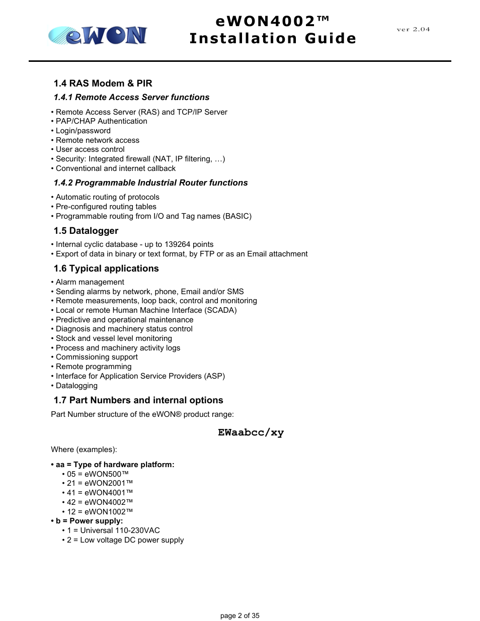 4 ras modem & pir, 1 remote access server functions, 2 programmable industrial router functions | 5 datalogger, 6 typical applications, 7 part numbers and internal options, Ewon4002™ installation guide, Ewaabcc/xy | Siemens eWON4002 User Manual | Page 5 / 38