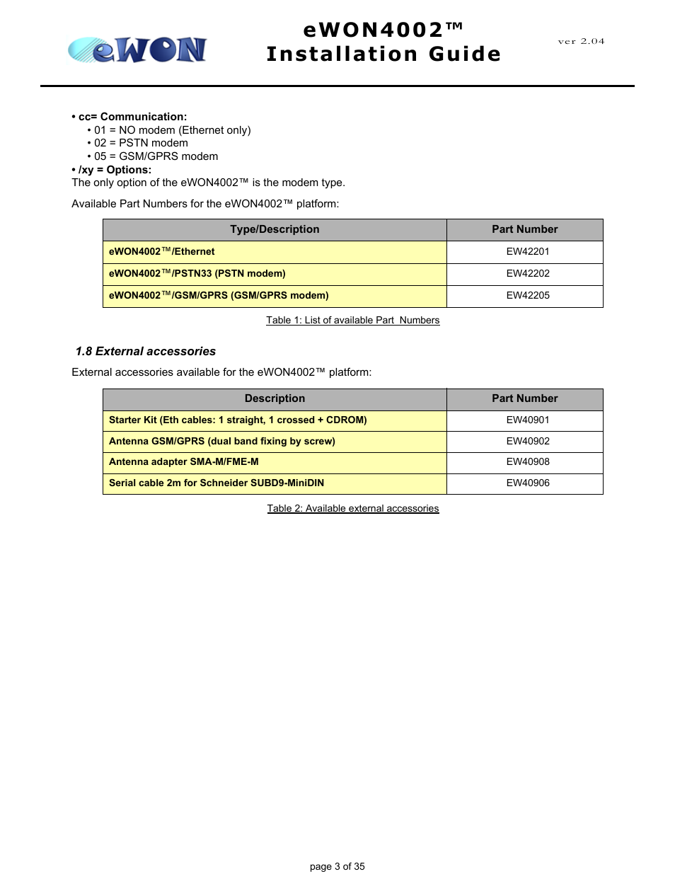 8 external accessories, Ewon4002™ installation guide | Siemens eWON4002 User Manual | Page 6 / 38