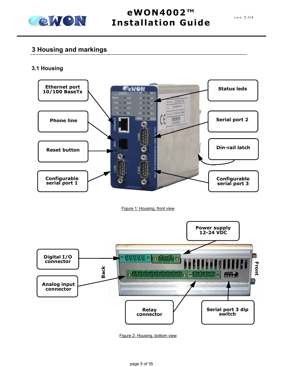 3 housing and markings, 1 housing, Ewon4002™ installation guide | Siemens eWON4002 User Manual | Page 8 / 38