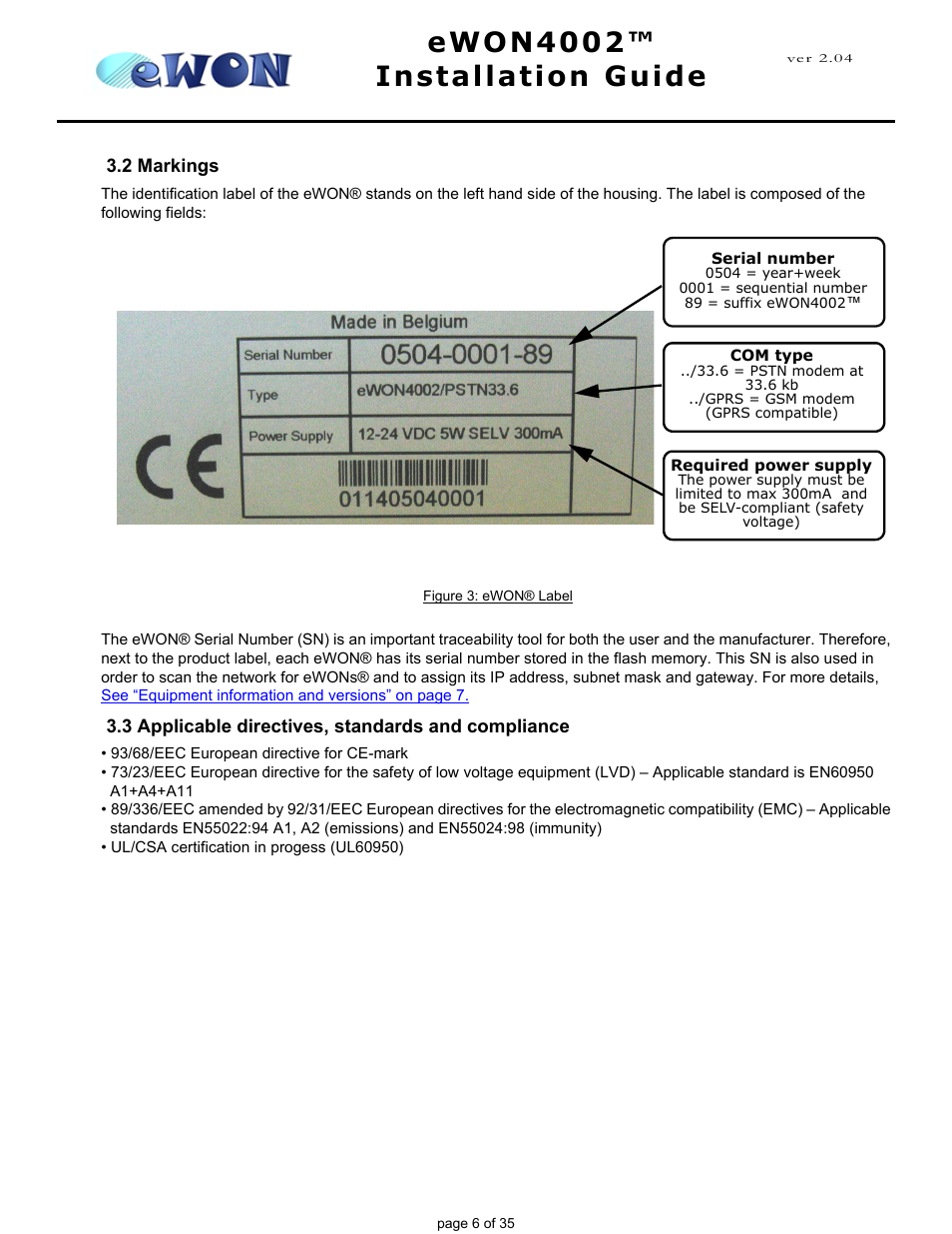 2 markings, 3 applicable directives, standards and compliance, Ewon4002™ installation guide | Siemens eWON4002 User Manual | Page 9 / 38