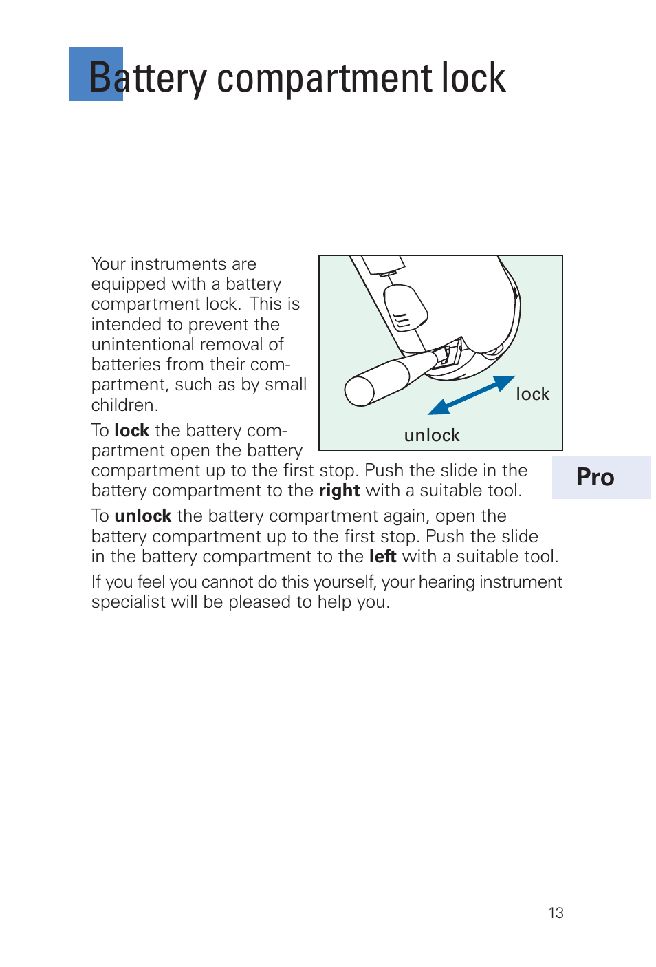 Battery compartment lock | Siemens MUSIC Pro User Manual | Page 13 / 56