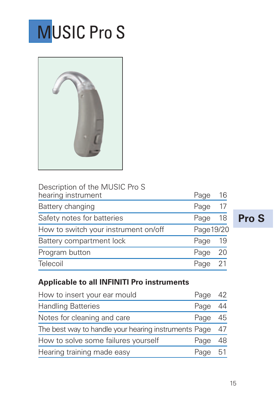 Music pro s, Pro s | Siemens MUSIC Pro User Manual | Page 15 / 56