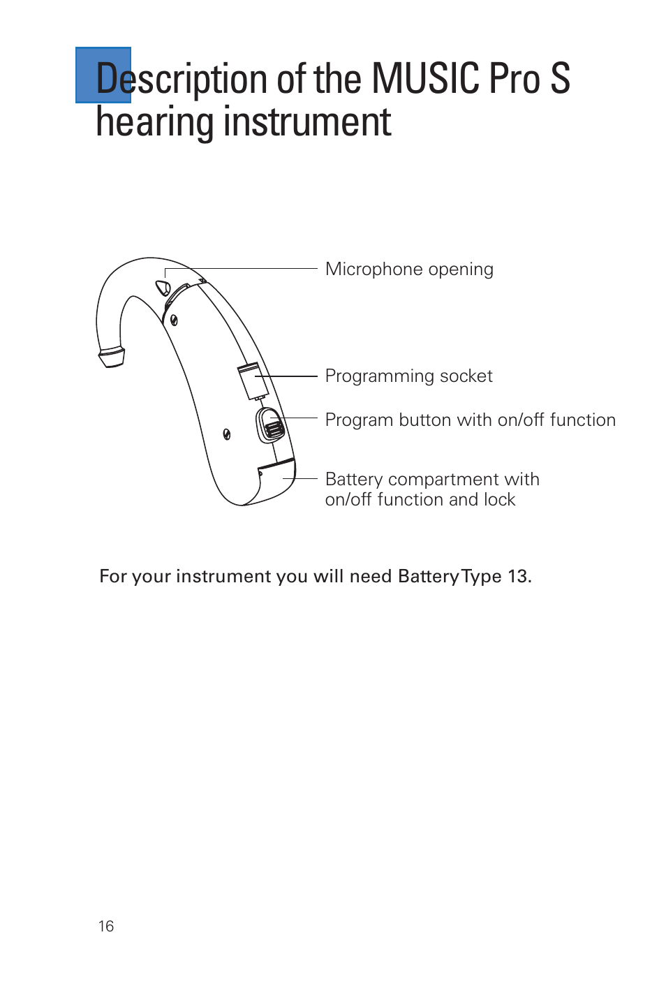 Description of the music pro s hearing instrument | Siemens MUSIC Pro User Manual | Page 16 / 56