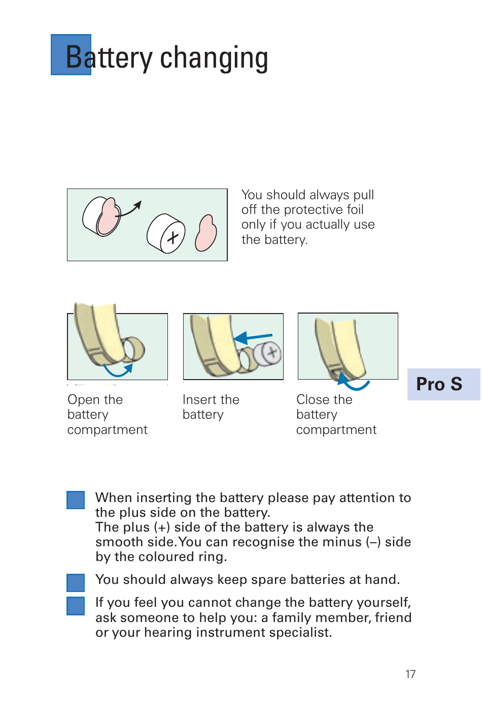 Battery changing, Pro s | Siemens MUSIC Pro User Manual | Page 17 / 56