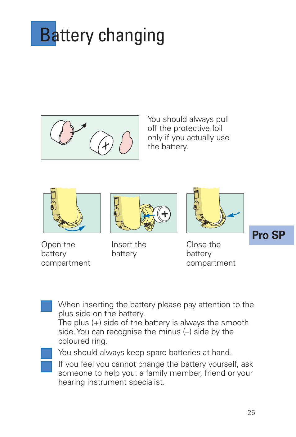 Battery changing, Pro sp | Siemens MUSIC Pro User Manual | Page 25 / 56