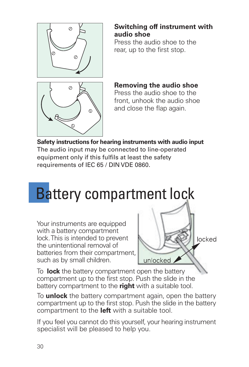 Battery compartment lock | Siemens MUSIC Pro User Manual | Page 30 / 56