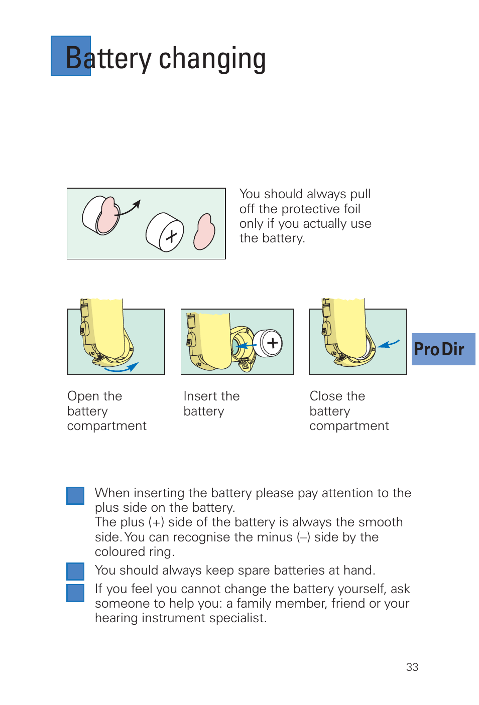 Battery changing, Pro dir | Siemens MUSIC Pro User Manual | Page 33 / 56