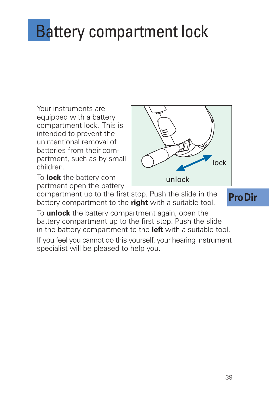 Battery compartment lock, Pro dir | Siemens MUSIC Pro User Manual | Page 39 / 56