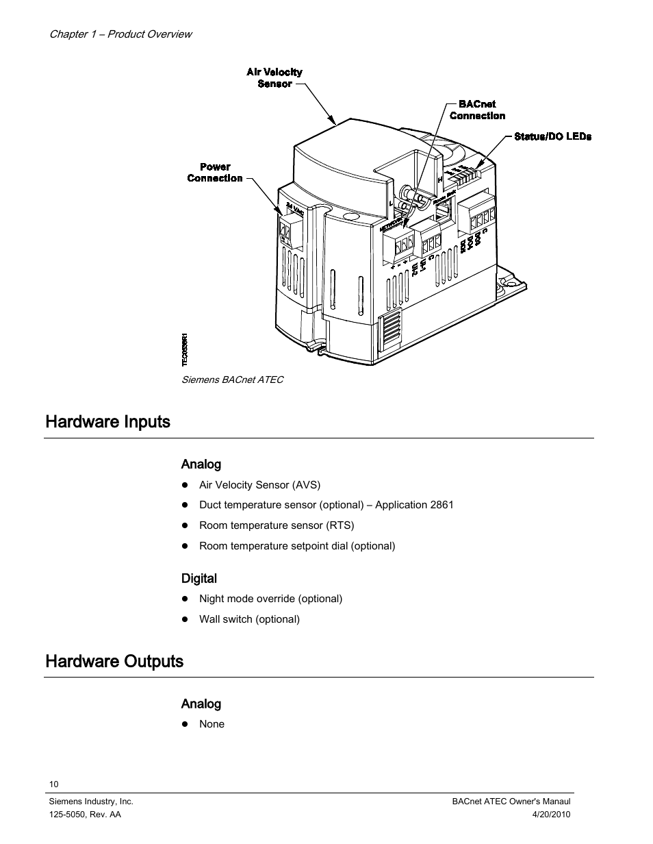 Hardware inputs, Hardware outputs | Siemens BACnet ATEC 125-5050 User Manual | Page 10 / 38