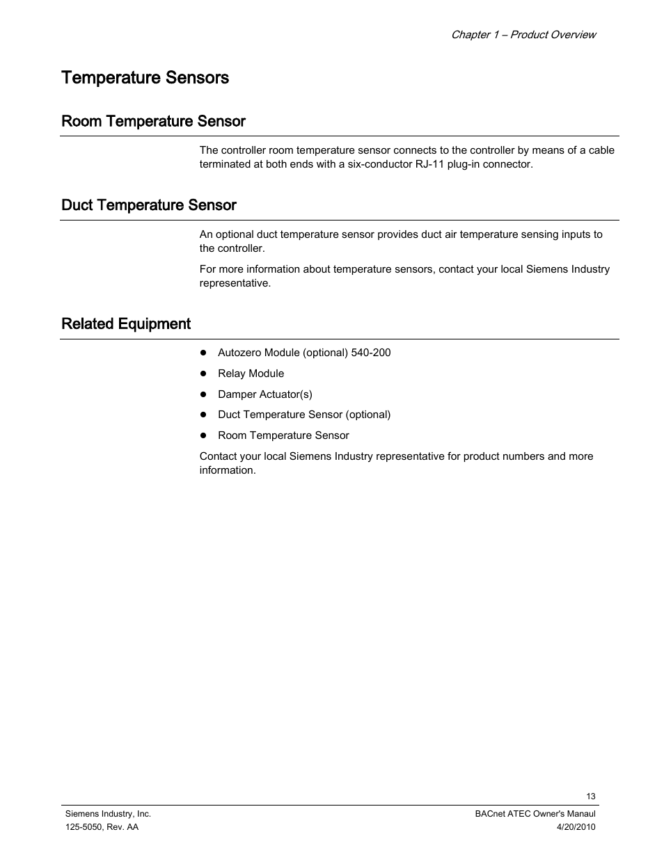 Temperature sensors, Room temperature sensor, Duct temperature sensor | Related equipment | Siemens BACnet ATEC 125-5050 User Manual | Page 13 / 38