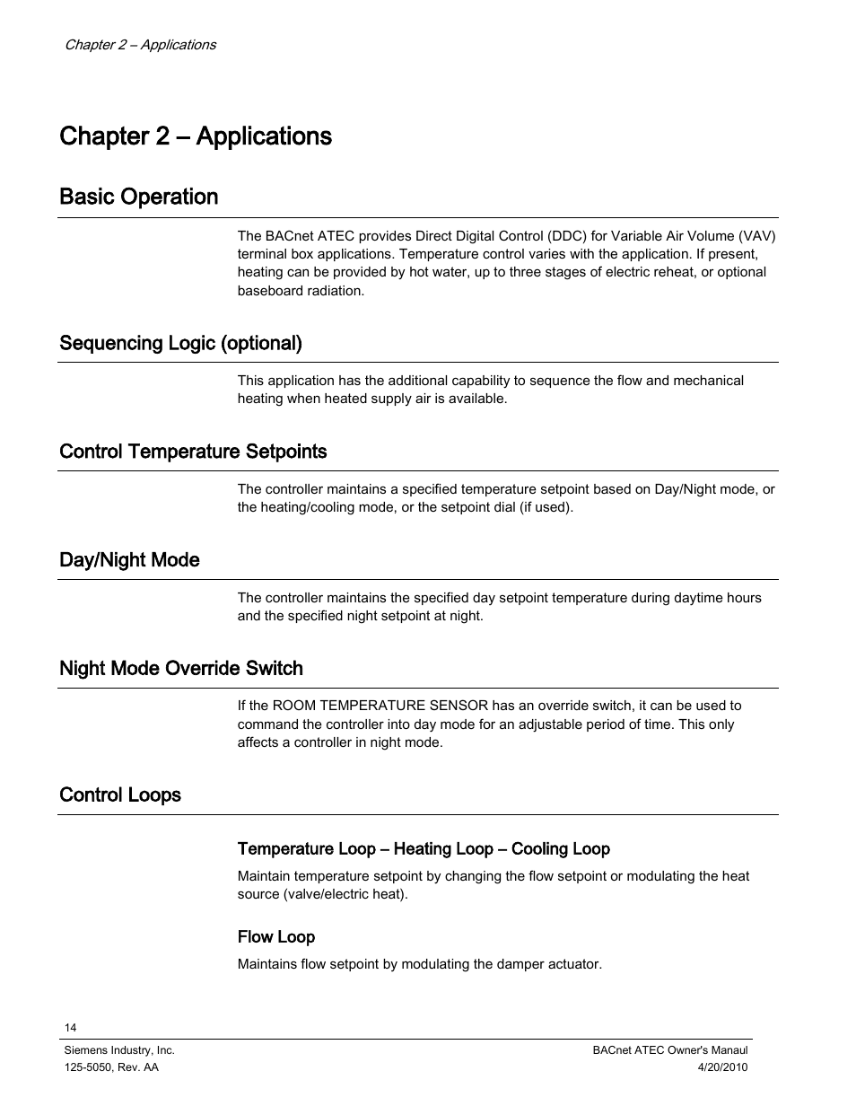 Chapter 2 – applications, Basic operation, Sequencing logic (optional) | Control temperature setpoints, Day/night mode, Night mode override switch, Control loops | Siemens BACnet ATEC 125-5050 User Manual | Page 14 / 38