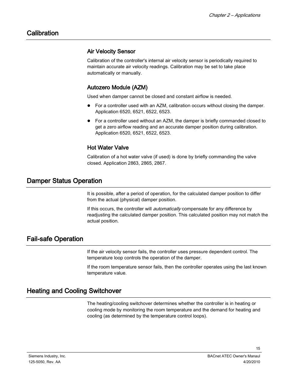 Calibration, Damper status operation, Fail-safe operation | Heating and cooling switchover | Siemens BACnet ATEC 125-5050 User Manual | Page 15 / 38