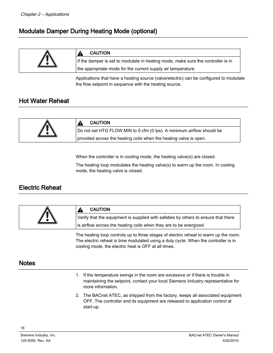 Modulate damper during heating mode (optional), Hot water reheat, Electric reheat | Notes | Siemens BACnet ATEC 125-5050 User Manual | Page 16 / 38