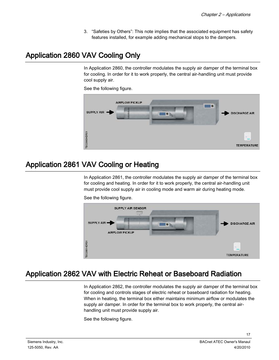 Application 2860 vav cooling only, Application 2861 vav cooling or heating | Siemens BACnet ATEC 125-5050 User Manual | Page 17 / 38