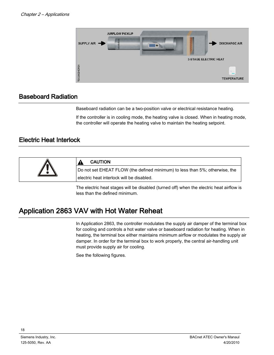 Baseboard radiation, Electric heat interlock, Application 2863 vav with hot water reheat | Siemens BACnet ATEC 125-5050 User Manual | Page 18 / 38