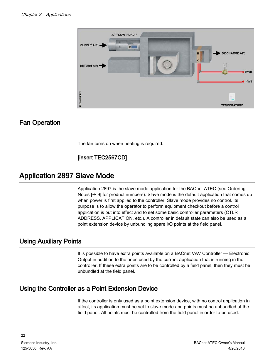 Fan operation, Application 2897 slave mode, Using auxiliary points | Using the controller as a point extension device | Siemens BACnet ATEC 125-5050 User Manual | Page 22 / 38