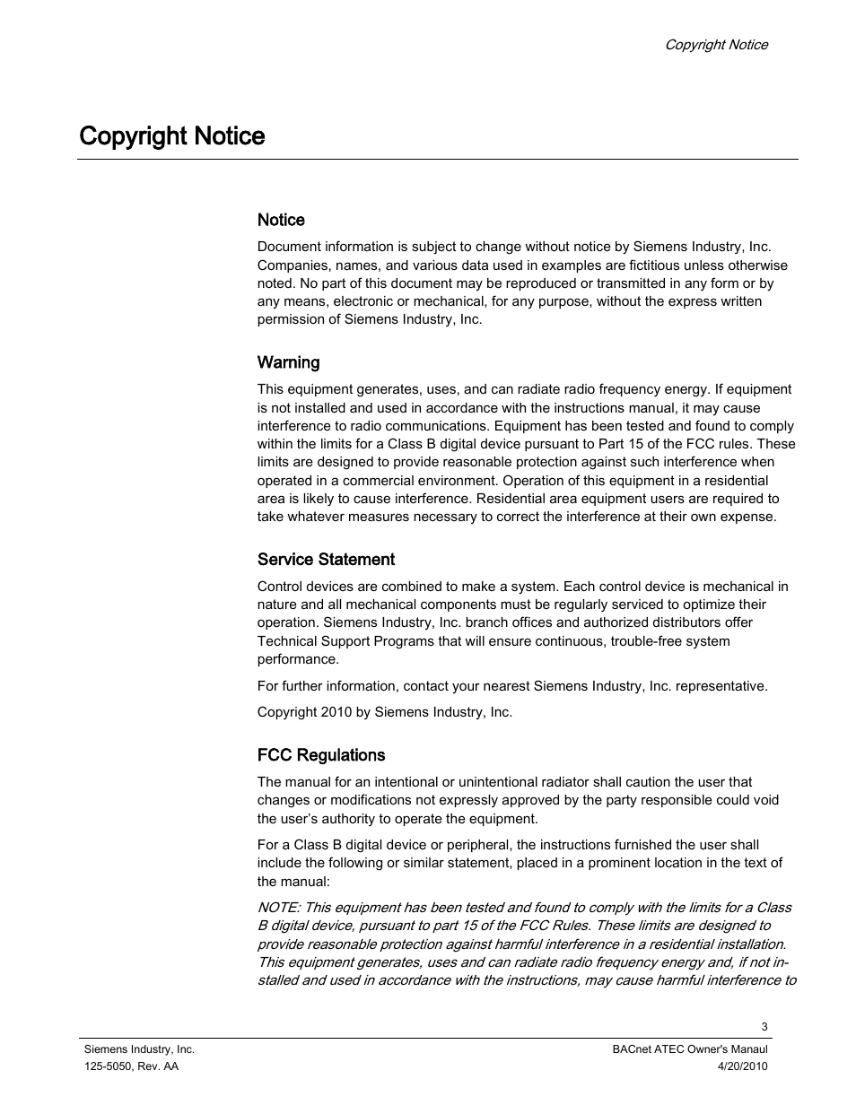 Copyright notice | Siemens BACnet ATEC 125-5050 User Manual | Page 3 / 38