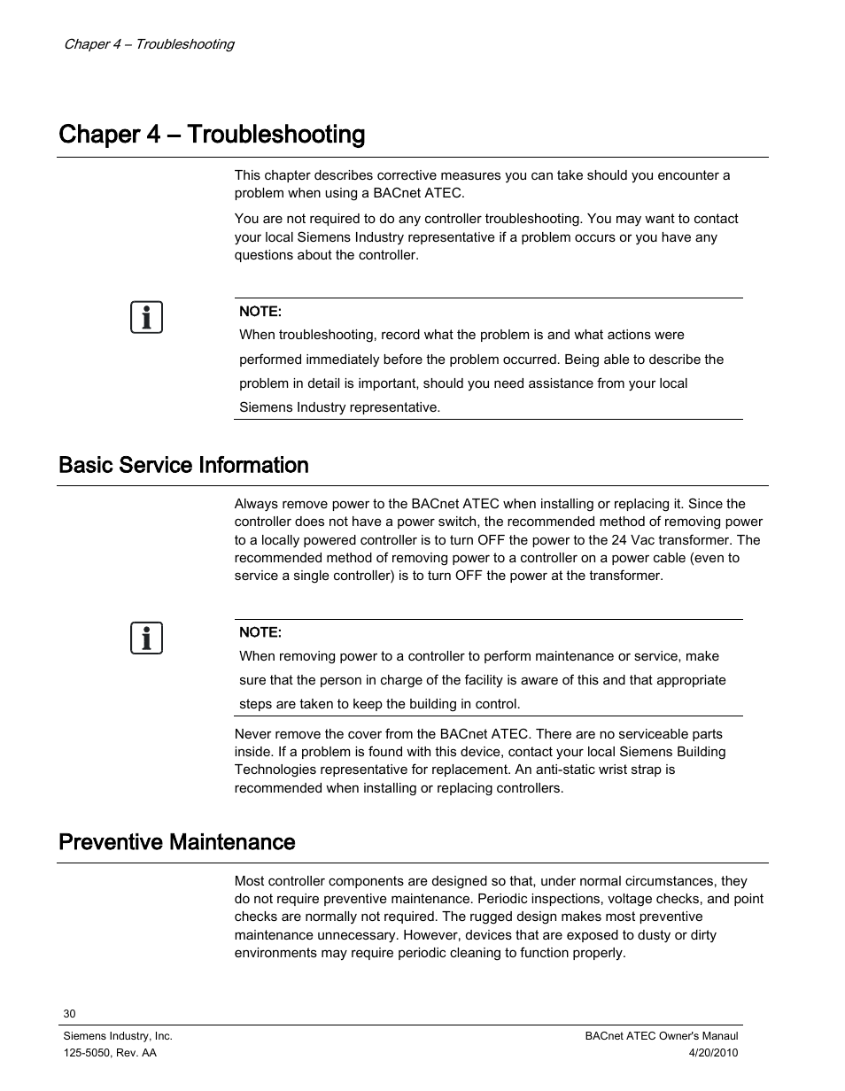 Chaper 4 – troubleshooting, Basic service information, Preventive maintenance | Siemens BACnet ATEC 125-5050 User Manual | Page 30 / 38