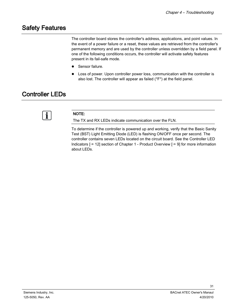 Safety features, Controller leds | Siemens BACnet ATEC 125-5050 User Manual | Page 31 / 38