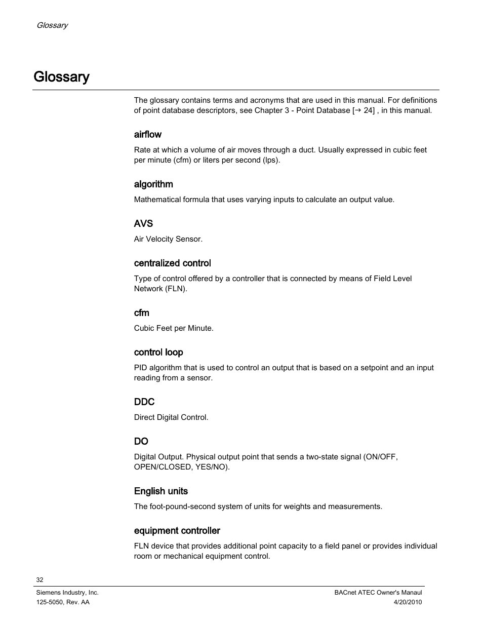 Glossary | Siemens BACnet ATEC 125-5050 User Manual | Page 32 / 38