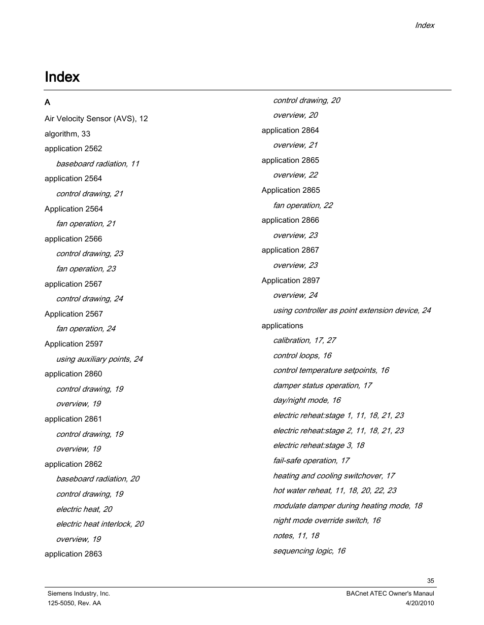 Index | Siemens BACnet ATEC 125-5050 User Manual | Page 35 / 38