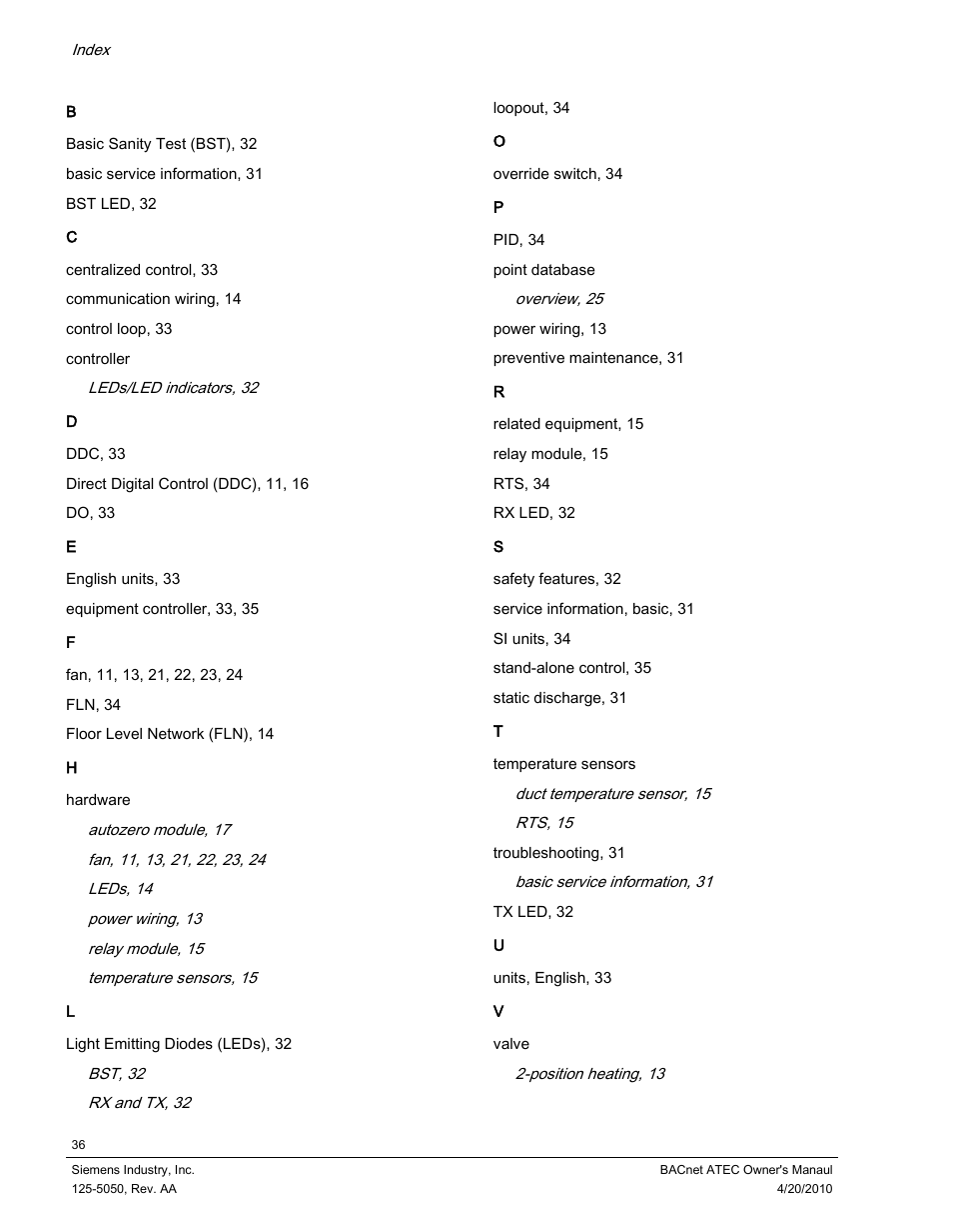 Siemens BACnet ATEC 125-5050 User Manual | Page 36 / 38