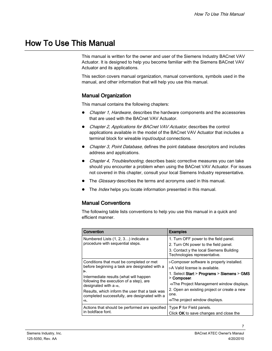 How to use this manual | Siemens BACnet ATEC 125-5050 User Manual | Page 7 / 38