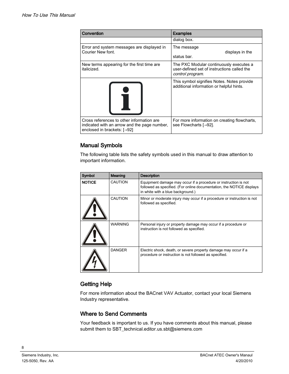 Manual symbols, Getting help, Where to send comments | Siemens BACnet ATEC 125-5050 User Manual | Page 8 / 38