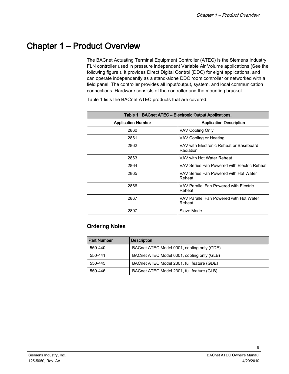 Chapter 1 – product overview | Siemens BACnet ATEC 125-5050 User Manual | Page 9 / 38