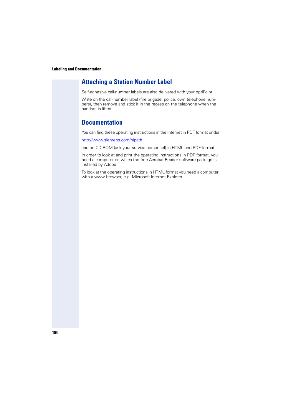 Attaching a station number label, Documentation, Attaching a station number label documentation | Siemens optiPoint 400 User Manual | Page 104 / 119