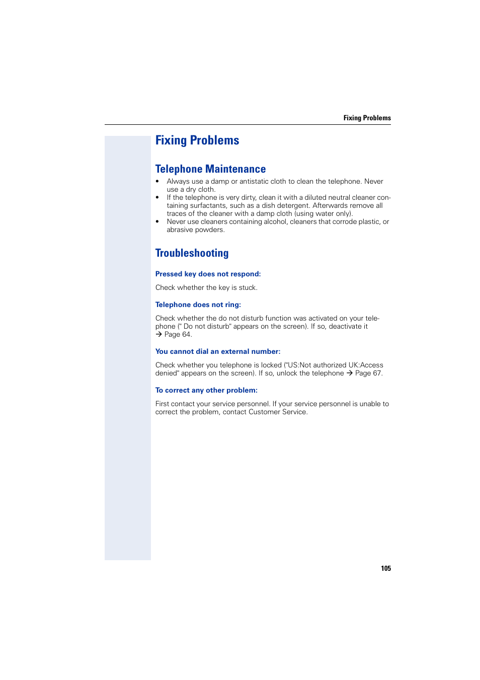 Fixing problems, Telephone maintenance, Troubleshooting | Telephone maintenance troubleshooting | Siemens optiPoint 400 User Manual | Page 105 / 119