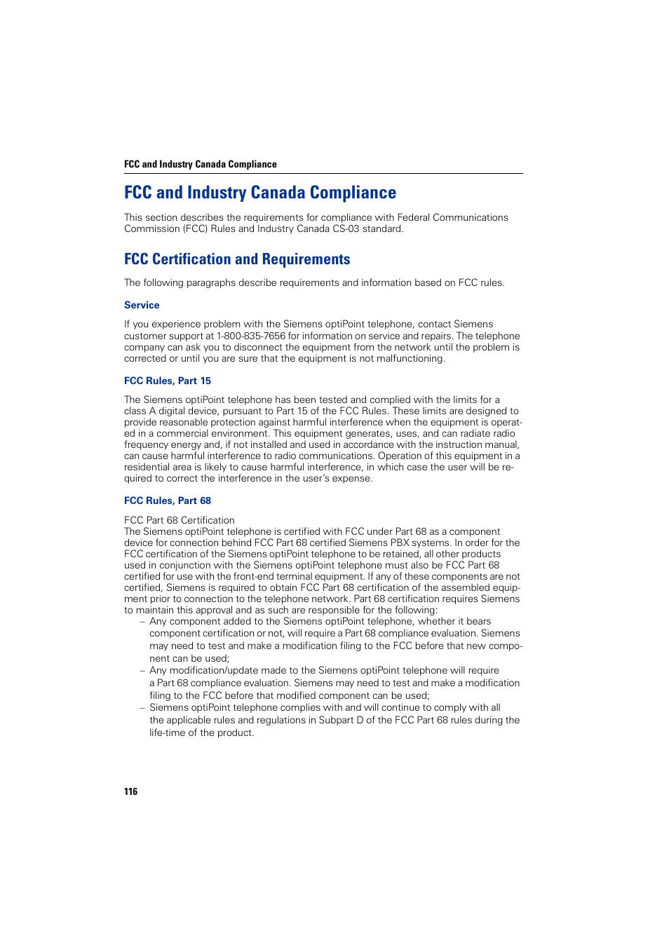 Fcc and industry canada compliance, Fcc certification and requirements | Siemens optiPoint 400 User Manual | Page 116 / 119