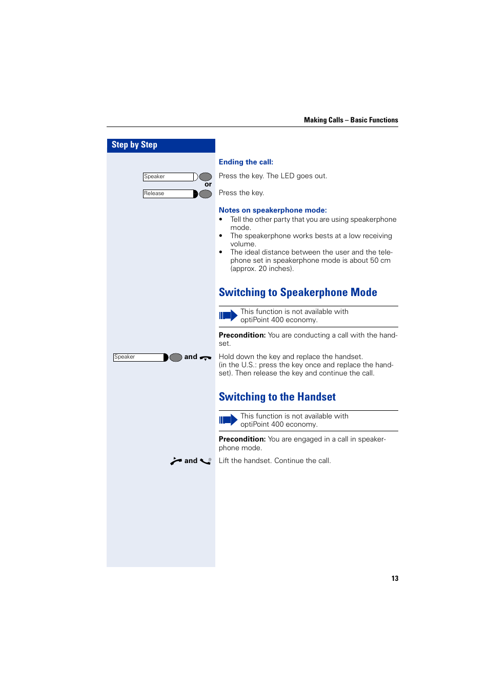 Switching to speakerphone mode, Switching to the handset | Siemens optiPoint 400 User Manual | Page 13 / 119