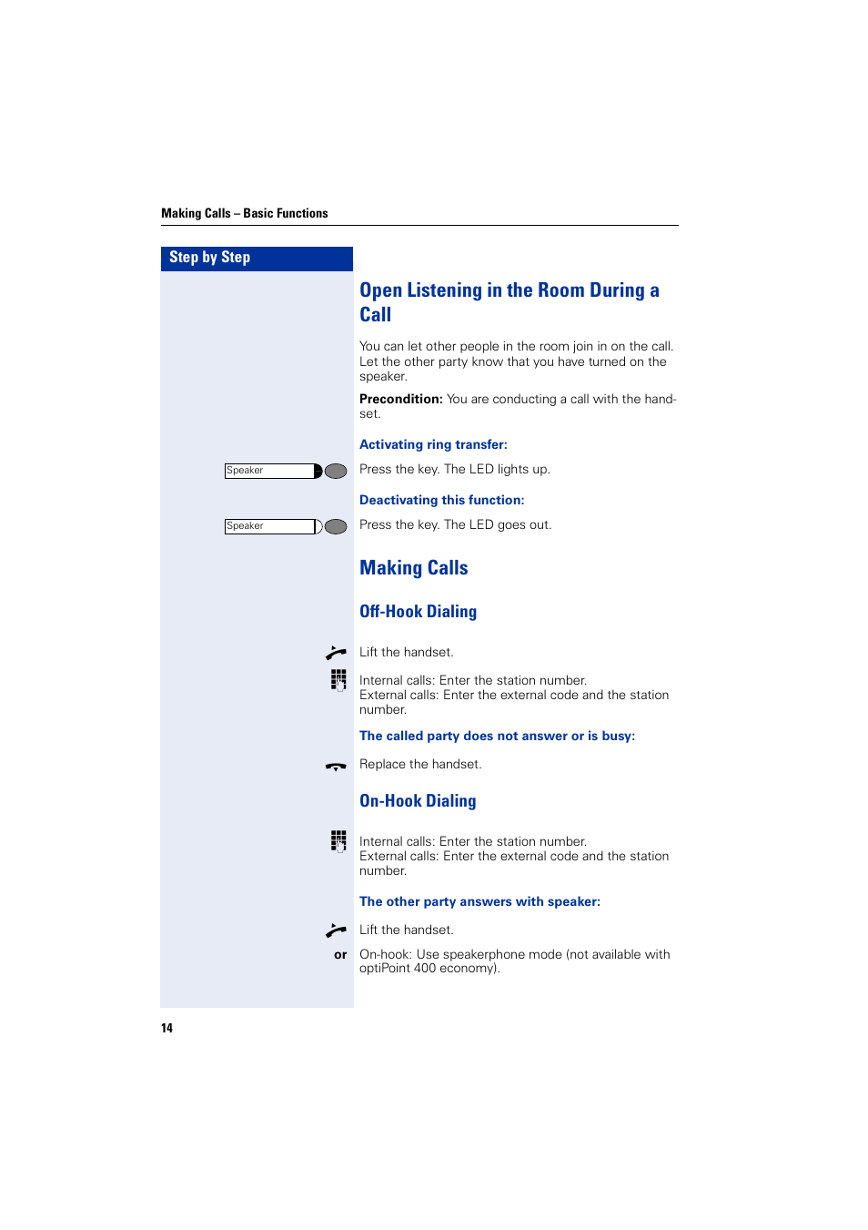 Open listening in the room during a call, Making calls, Off-hook dialing | On-hook dialing, Off-hook dialing on-hook dialing | Siemens optiPoint 400 User Manual | Page 14 / 119