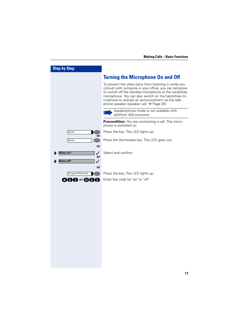 Turning the microphone on and off | Siemens optiPoint 400 User Manual | Page 17 / 119