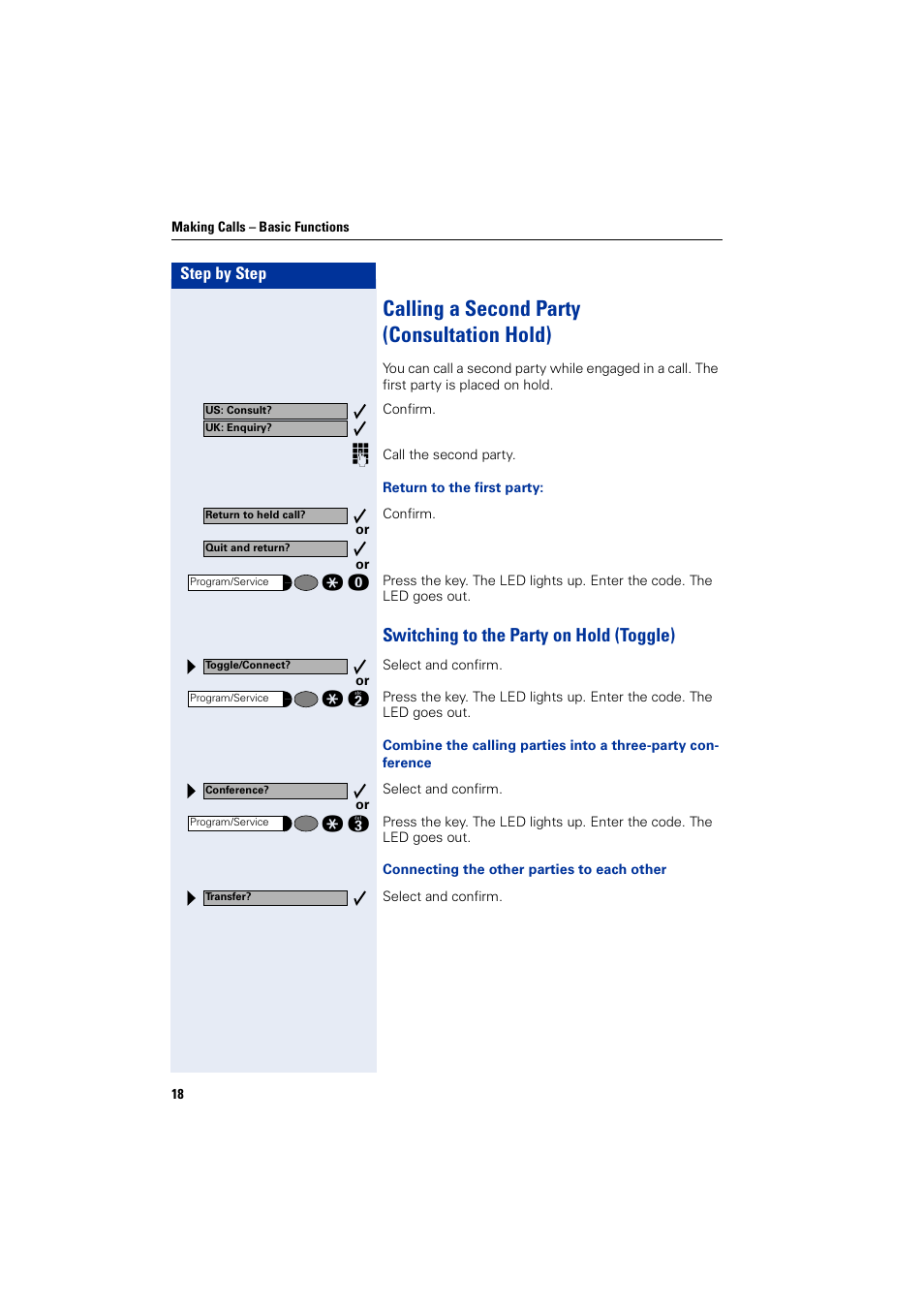 Calling a second party (consultationhold), Switching to the party on hold (toggle), Calling a second party (consultation hold) | Siemens optiPoint 400 User Manual | Page 18 / 119