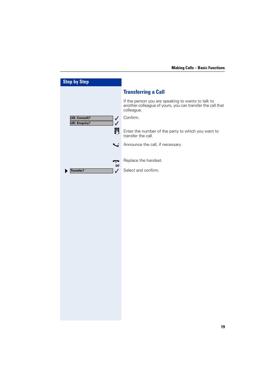 Transferring a call | Siemens optiPoint 400 User Manual | Page 19 / 119